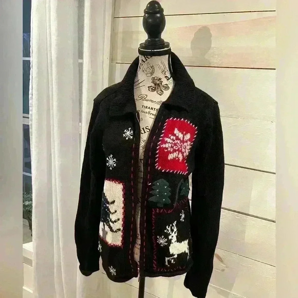 Crazy Horse A Liz Claiborne Company Christmas zip up cardigan petite large - Picture 2 of 7